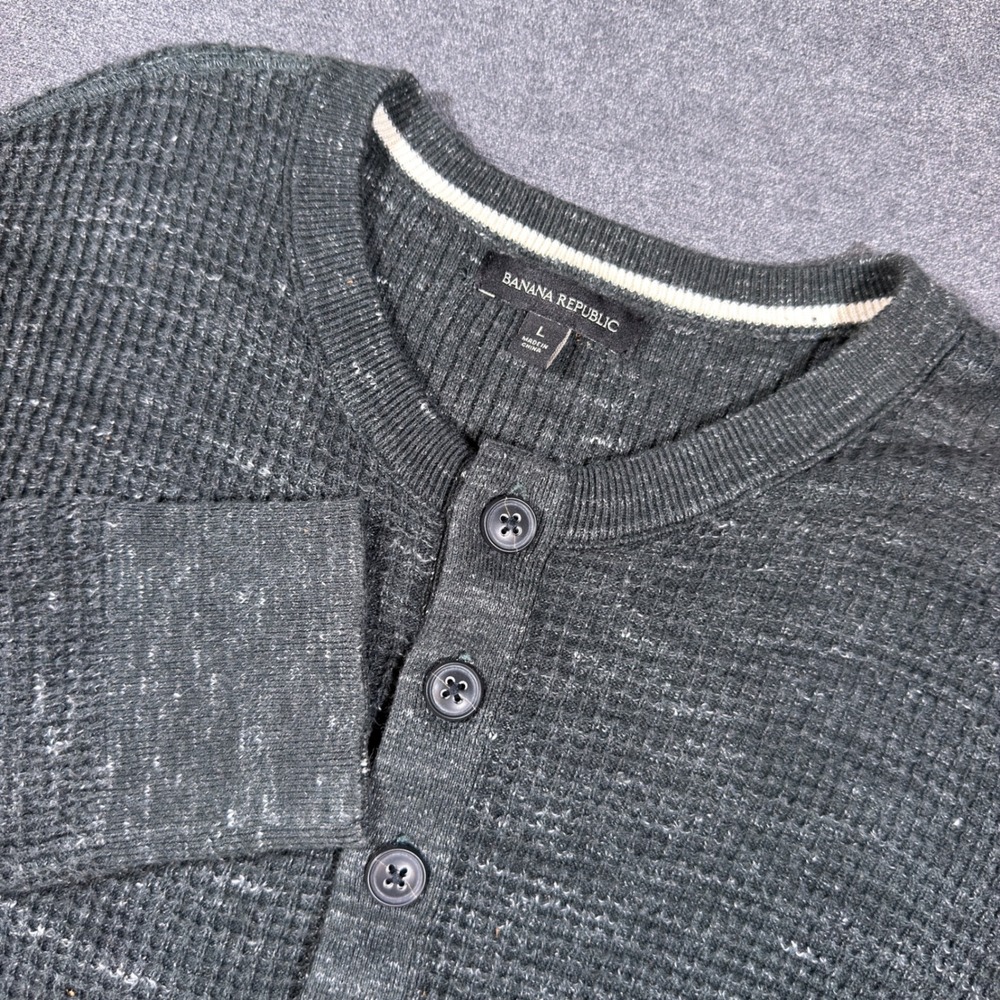 Banana Republic Henley Men L Gray Waffle Knit Cotton Linen Long Sleeve Pullover